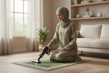 Female Model Using Vacuum on Prayer Mat
