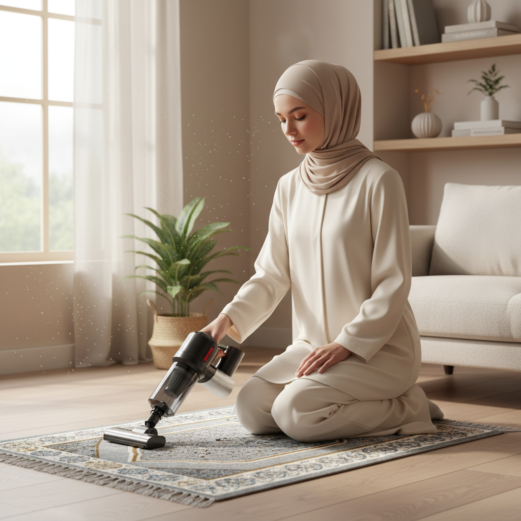 Muslim Woman Using Vacuum on Prayer Mat - Accurate Product
