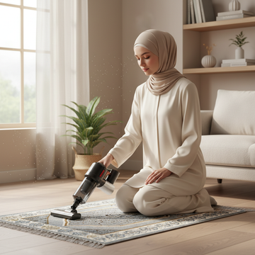 Muslim Woman Using Vacuum on Prayer Mat - Accurate Product
