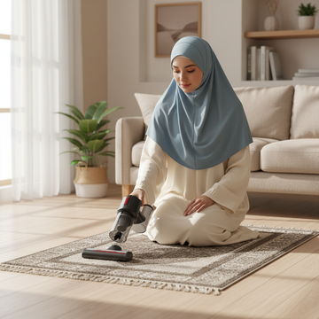 Muslim Woman Using Vacuum on Prayer Mat
